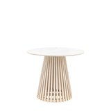 Arya Round Dining Table with Indian white marble top and vertical slatted mango wood base - CharlesTed Home