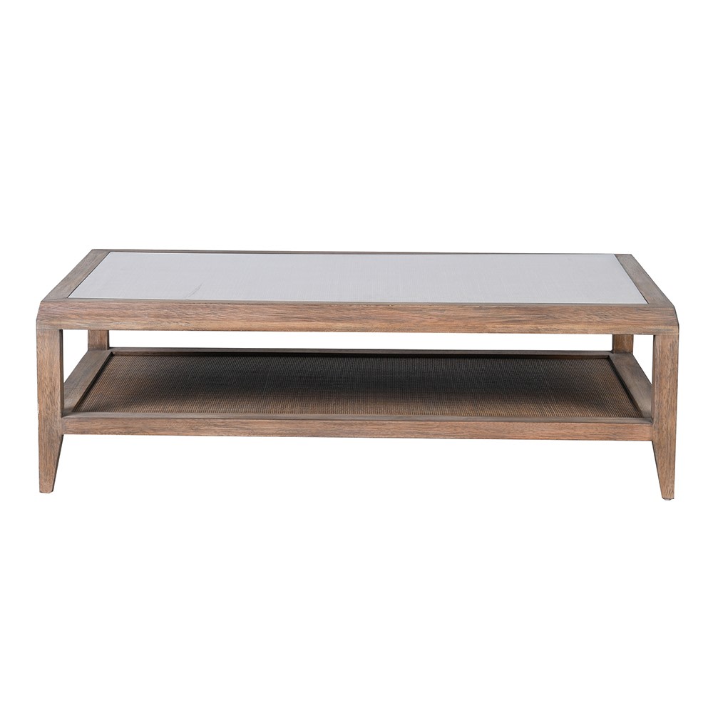 Front view of Bayur rectangular coffee table with wood frame and glass top