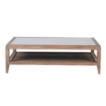 Front view of Bayur rectangular coffee table with wood frame and glass top