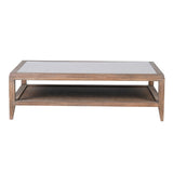 Front view of Bayur rectangular coffee table with wood frame and glass top