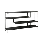 A Beautiful antique black console table with shelves.

Featuring black metal legs and an antiqued black top.