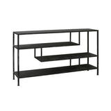 A Beautiful antique black console table with shelves.

Featuring black metal legs and an antiqued black top.