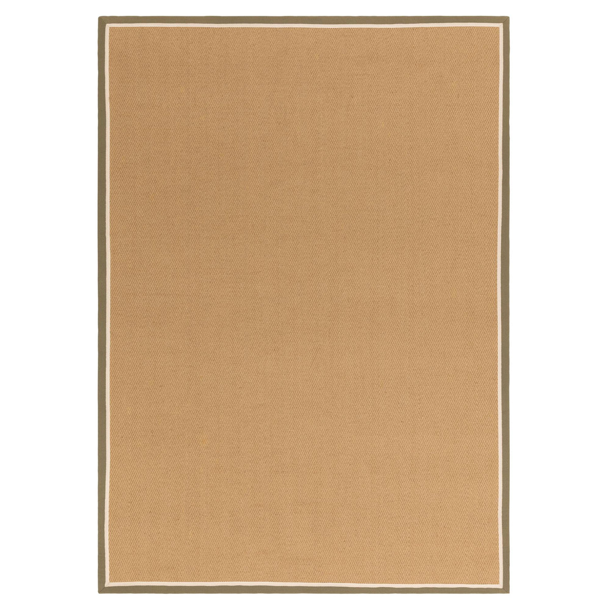 Bordo herringbone jute rug in khaki and cream, full view with border