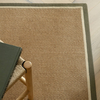 Close-up of the khaki and cream herringbone jute weave