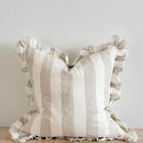 Beige and cream striped cushion with ruffled edges