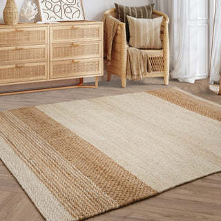 Cedar handwoven jute rug in bleach styled in a living room
