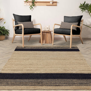Cedar handwoven jute rug in charcoal styled in a living room