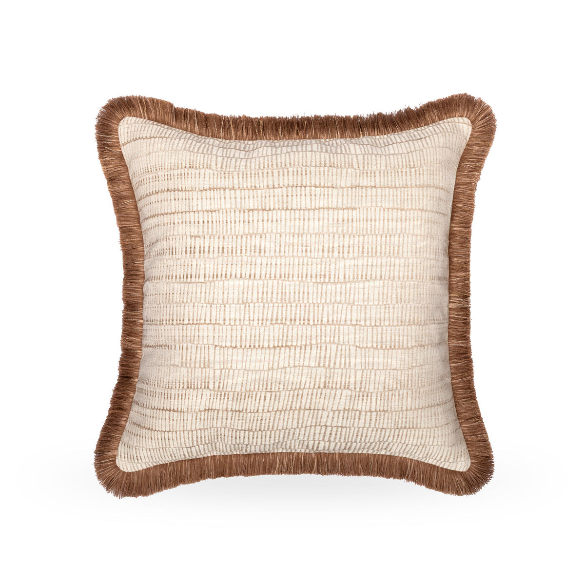Champagne geometric cushion with double brown fringe from the Miserden trio