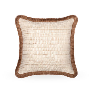 Champagne geometric cushion with double brown fringe from the Miserden trio