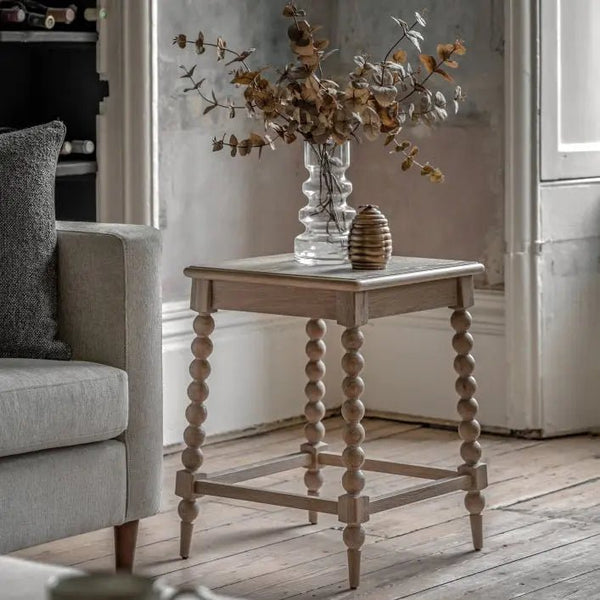 Antoine Side Table – Elegant Bobbin-Leg Oak Side Table with Lime-Wash Finish