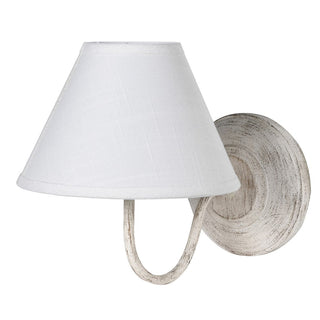 Wall-mounted light fixture with a white shade and wooden base on a white background