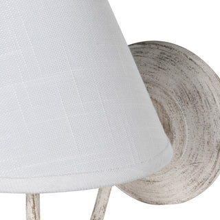 Close-up of a white wall lampshade on a wooden base.
