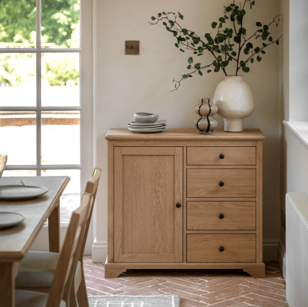 Charles Ted Beeley Oak Small Sideboard with Single Cupboard and Four Drawer Storage - CharlesTed Home