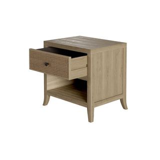 Charles Ted Evelyn Grey Aged Oak & Veneer Bedside Table with Rattan Drawer and Open Shelf - CharlesTed Home