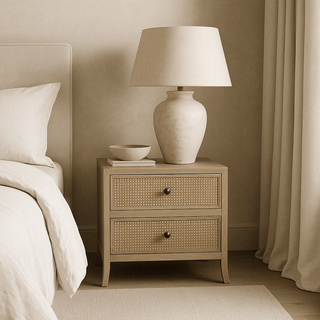 Charles Ted Evelyn Rustic Grey Oak Bedside Table with 2 Rattan Latticed Drawers - CharlesTed Home