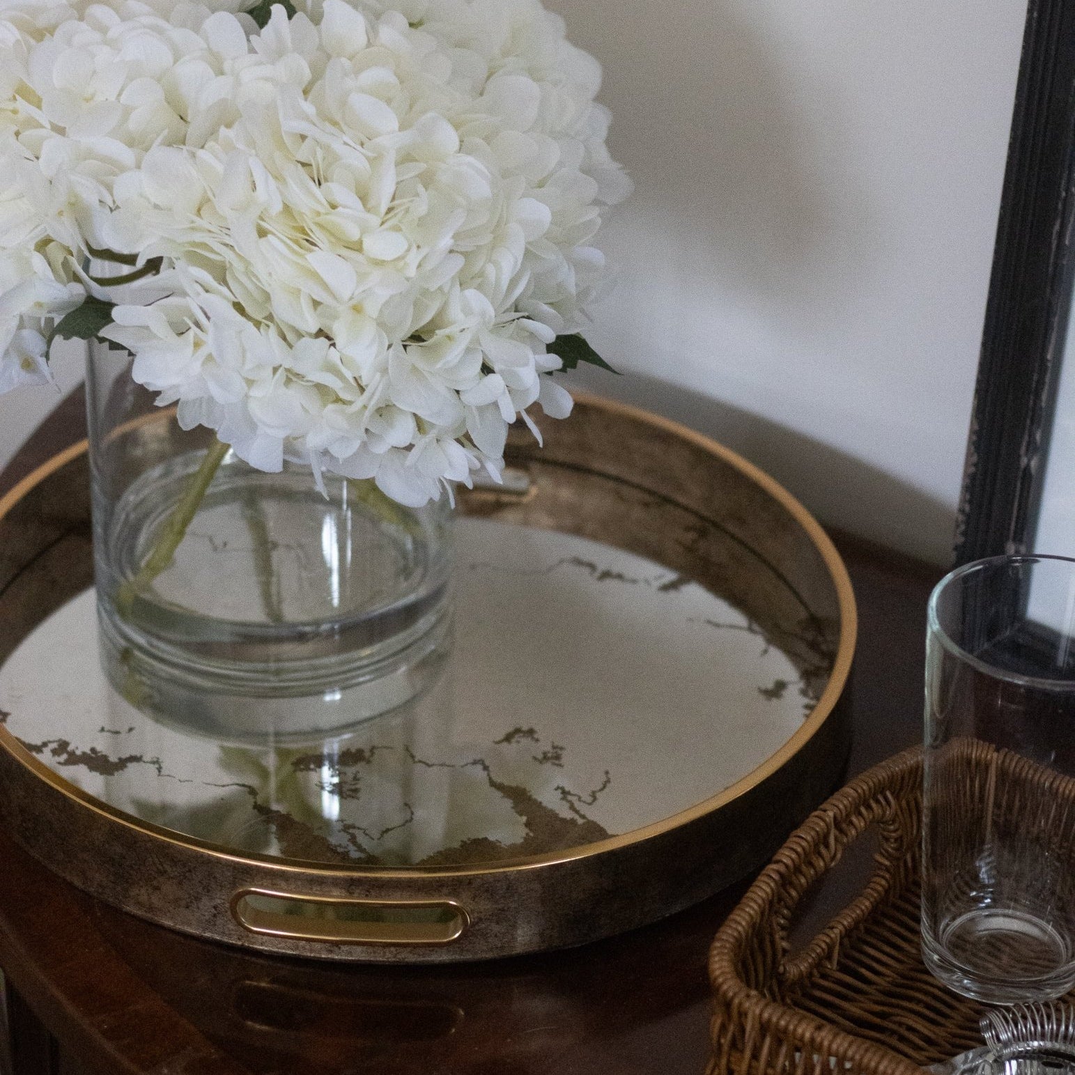 Charles Ted Faux White Hydrangea Arrangement in Clear Glass Vase - CharlesTed Home