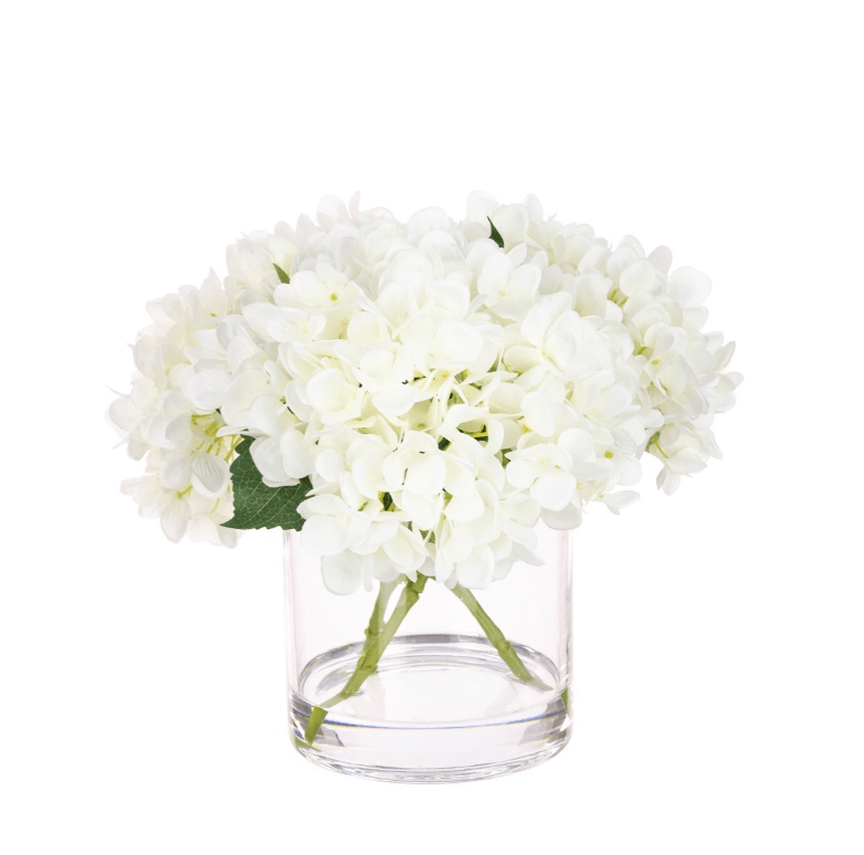 Charles Ted Faux White Hydrangea Arrangement in Clear Glass Vase - CharlesTed Home