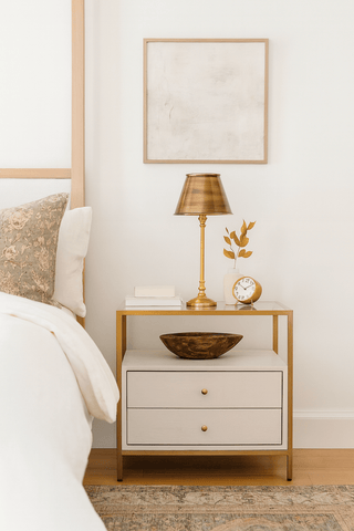 Charles Ted Gemini Luxe Modern Bedside Table | Cream Wood with Gold Frame & Glass Top - CharlesTed Home