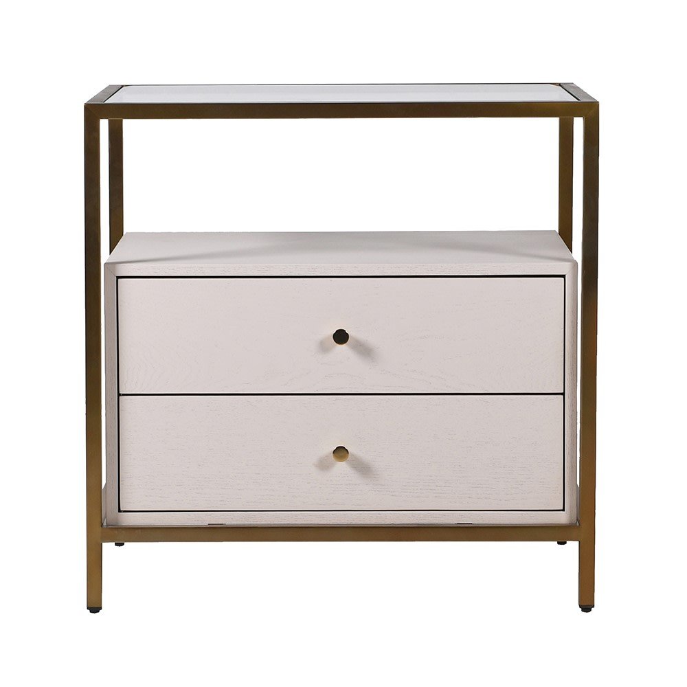 Charles Ted Gemini Luxe Modern Bedside Table | Cream Wood with Gold Frame & Glass Top - CharlesTed Home