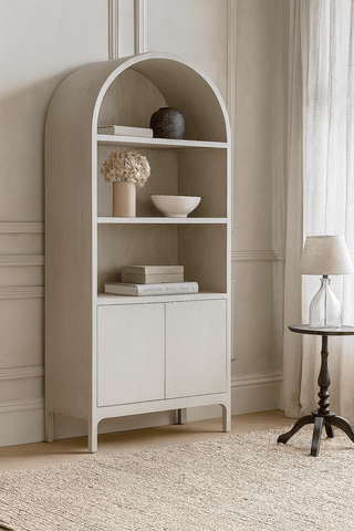 CharlesTed Hoboken modern arched display unit in white oak wood — stylish bookshelf with cabinet storage