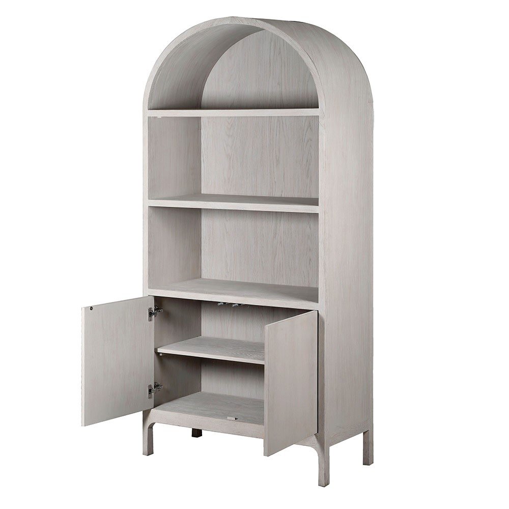 CharlesTed Hoboken modern arched display unit in white oak wood — stylish bookshelf with cabinet storage