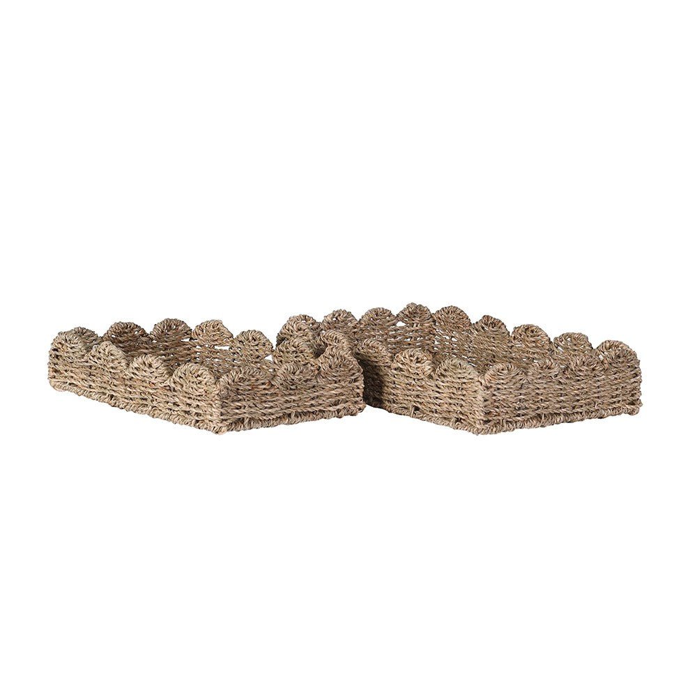 Charles Ted Isla Handwoven Seagrass Tray Set | Natural Scalloped Edge Baskets | Set of 2 - CharlesTed Home