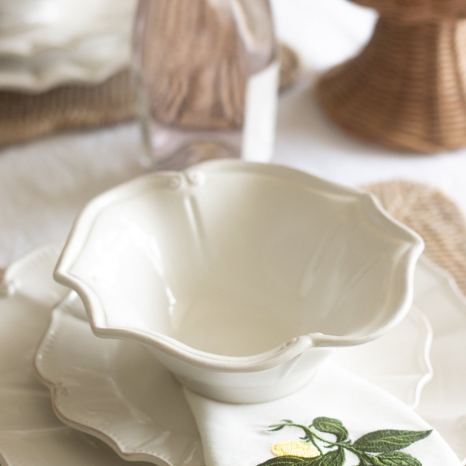 Charles Ted Kempsford Whitewash Rattan Rectangular Scalloped Placemat | Pack of Two - CharlesTed Home