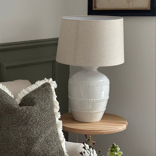 Charles Ted Lucia White Ceramic Table Lamp | Beaded Detailing with Natural Linen Shade - CharlesTed Home