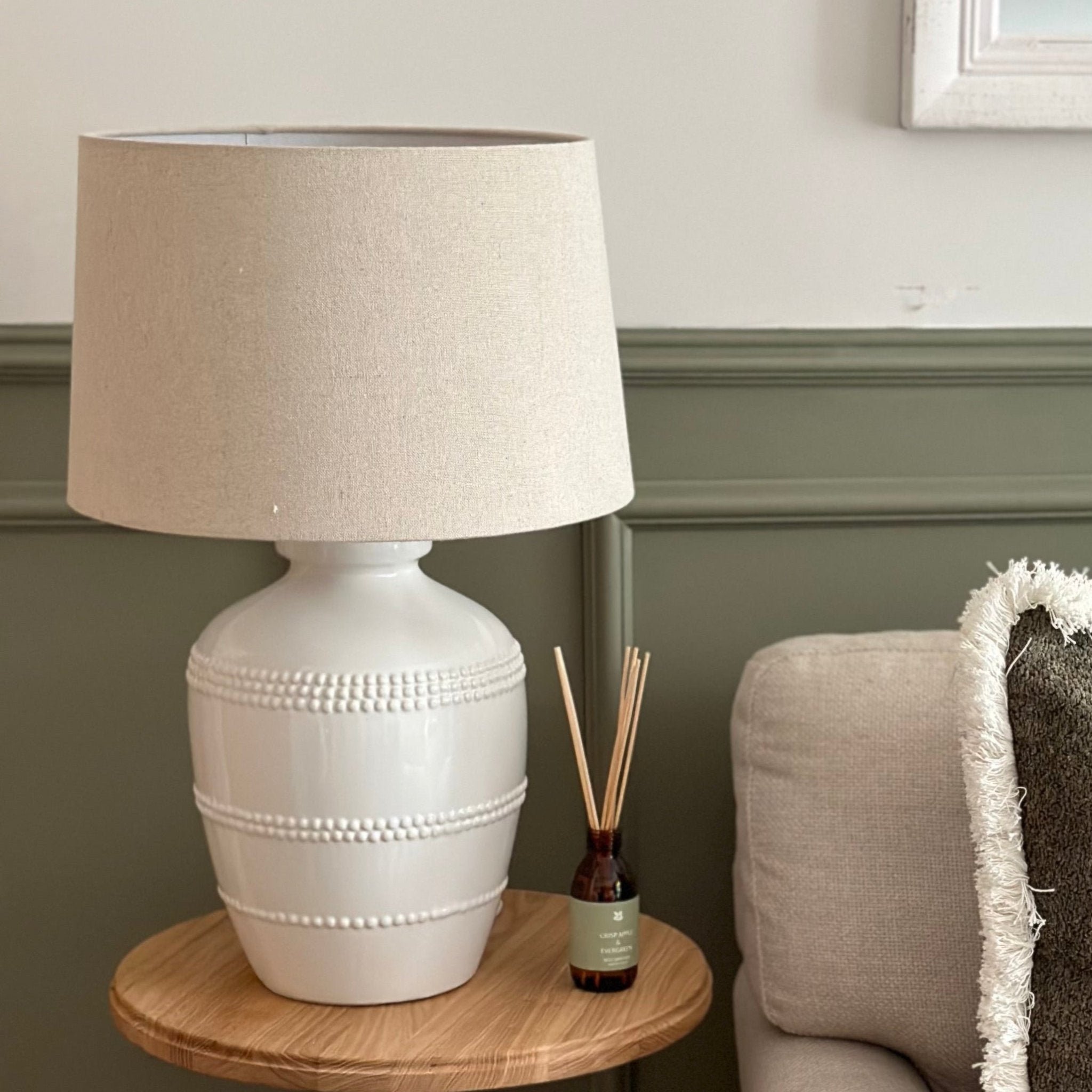 Charles Ted Lucia White Ceramic Table Lamp | Beaded Detailing with Natural Linen Shade - CharlesTed Home
