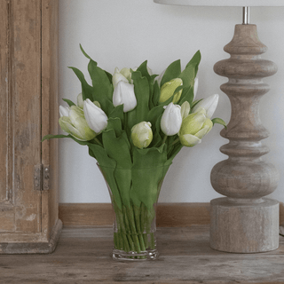 Charles Ted Luxury Real Touch White and Green Tulip Arrangement Complete with Elegant Glass Vase - CharlesTed Home