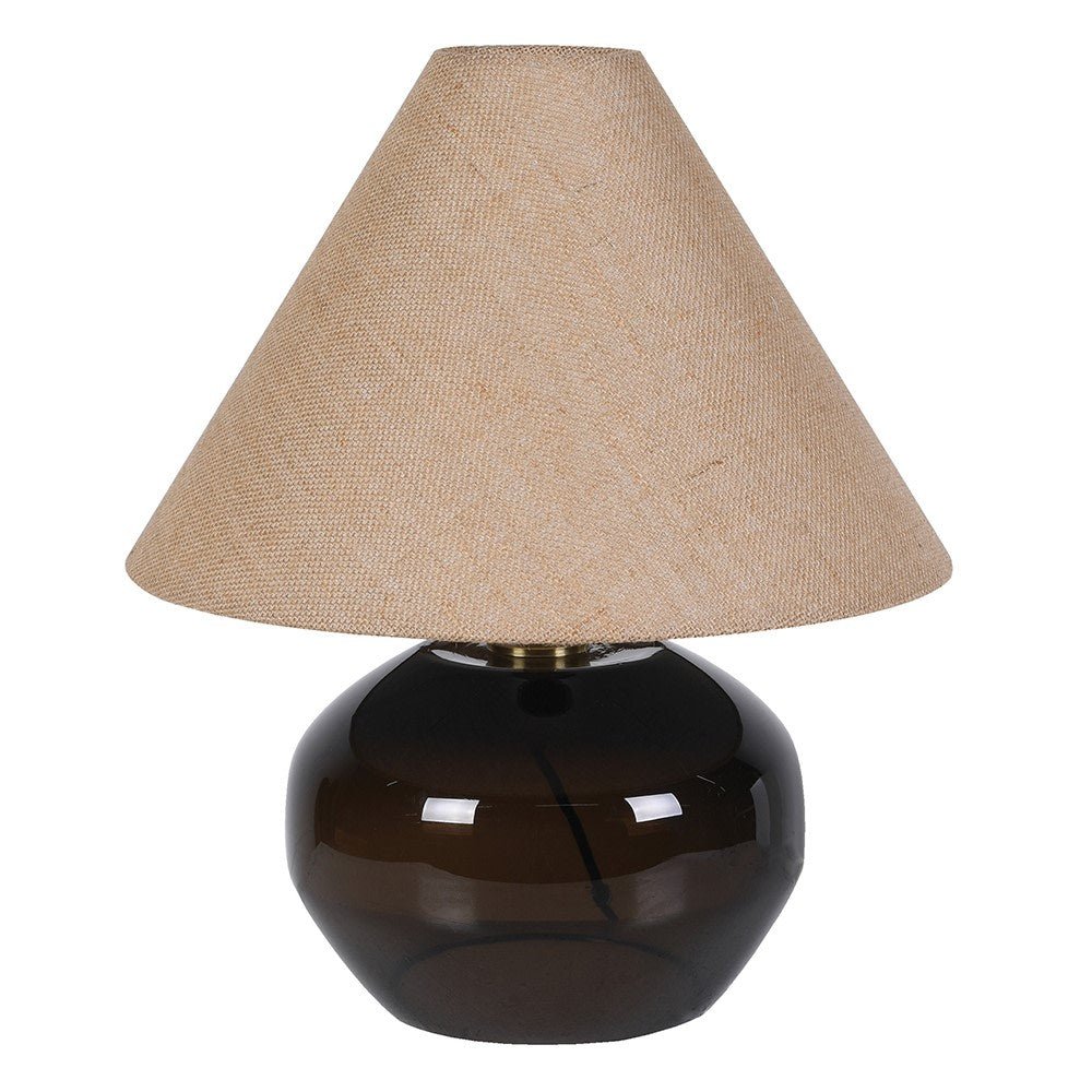 Mojave table lamp with polished bronze metal gourd-shaped base and conical sandy hessian coolie shade, 48cm tall