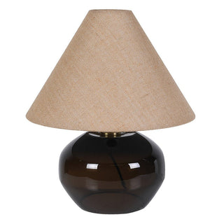 Mojave table lamp with polished bronze metal gourd-shaped base and conical sandy hessian coolie shade, 48cm tall