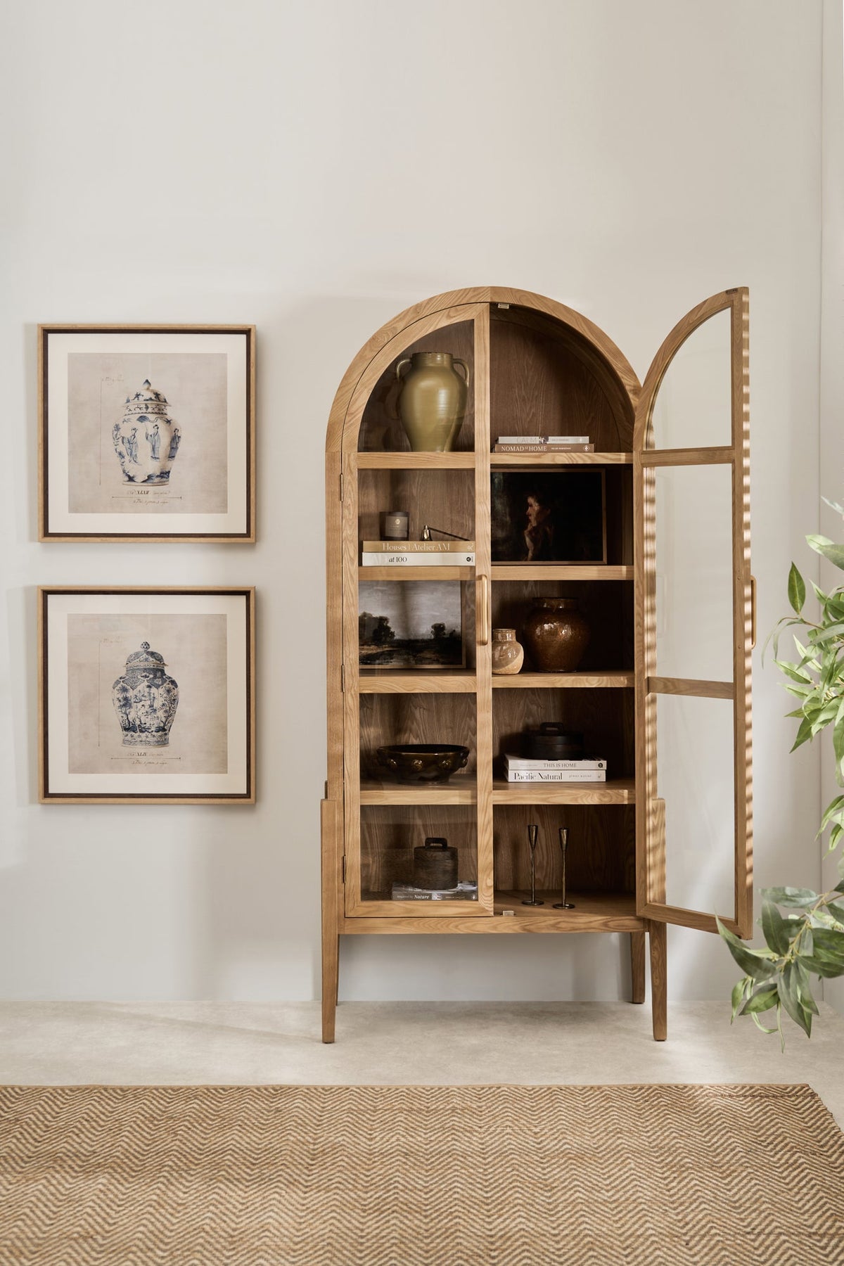 Charles Ted Oslo Arched Elm Wood Display Cabinet with Glass Doors – 5 Shelf Unit - CharlesTed Home