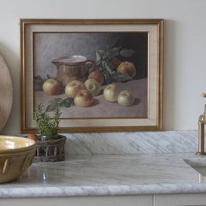 Still Life Fruit Painting with Ceramic Jug in Wooden Frame