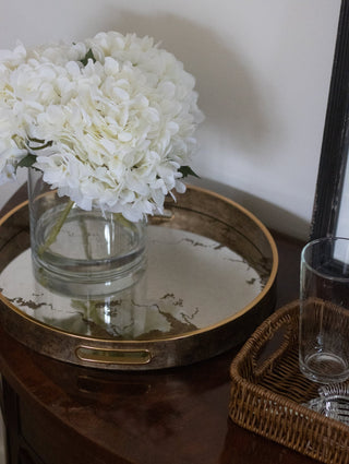Charles Ted Vintage Luxe Antiqued Mirror Round Serving Tray with Rustic Gold Finish and Marble Effect Base - CharlesTed Home