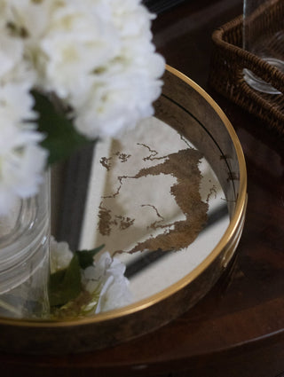 Charles Ted Vintage Luxe Antiqued Mirror Round Serving Tray with Rustic Gold Finish and Marble Effect Base - CharlesTed Home