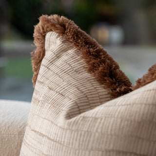 Aldworth champagne cushion with caramel double fringe in a living room