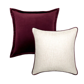 Cranborne cushion duo in pearl and plum, styled together