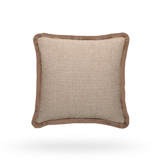 Frampton tweed style cushion in stone with mushroom fringe, front view