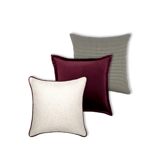 Harewood cushion trio in houndstooth, plum and pearl