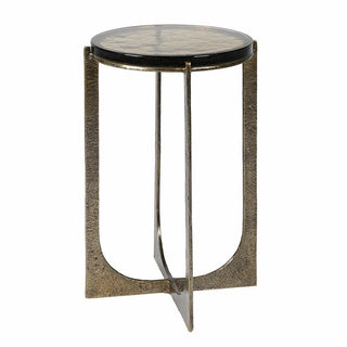Decorative side table with round top and metallic frame on a white background