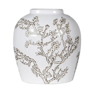 White vase with black floral design on a white background