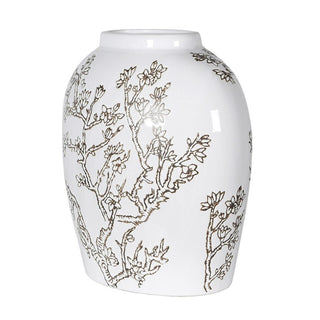 White vase with black floral patterns on a white background