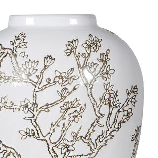 White vase with gold floral patterns on a white background