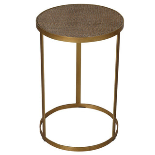 Round side table with woven top and gold metal frame on a white background