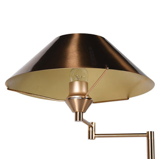 Gold swing-arm wall lamp on a white background