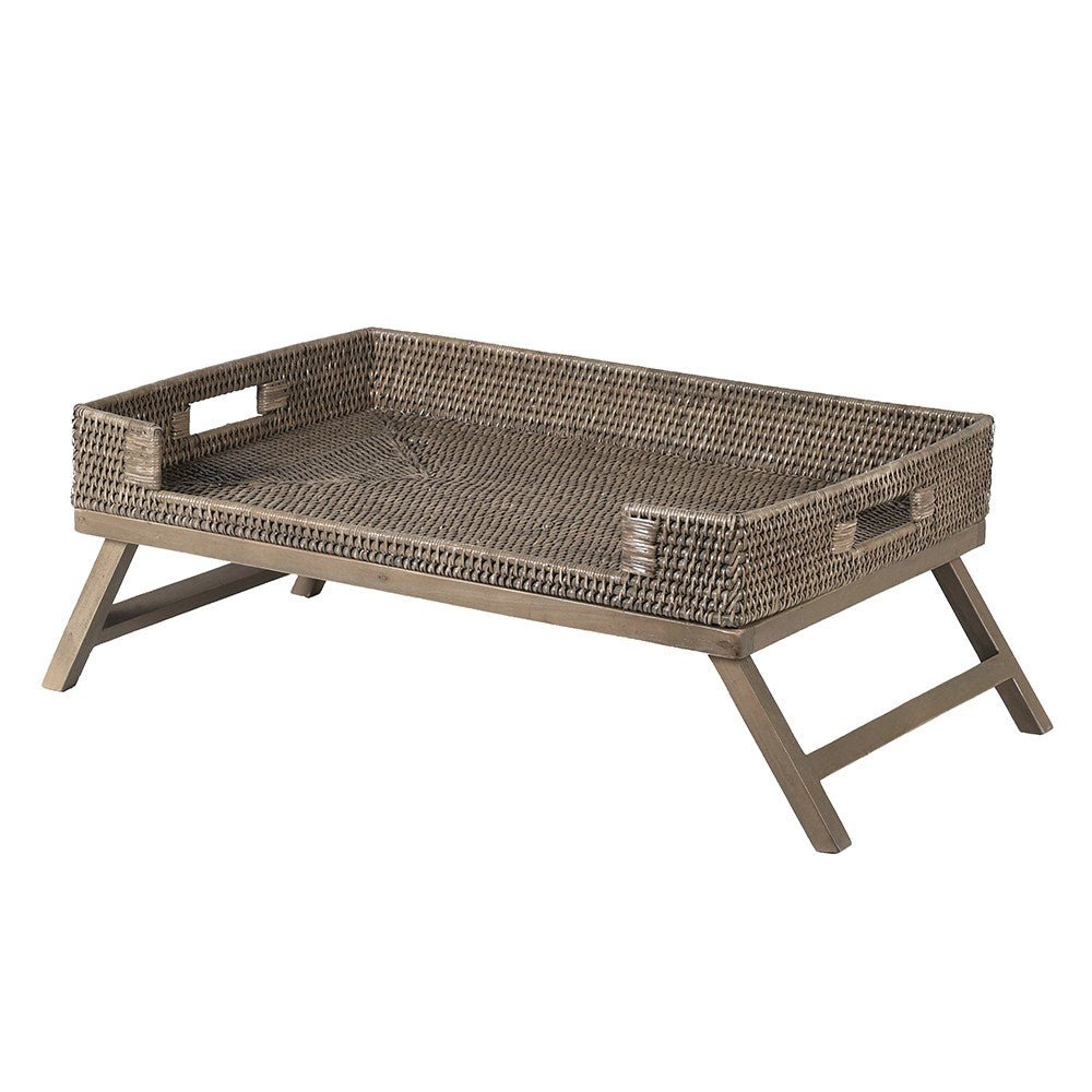CharlesTed Home Handwoven Rattan Bed Tray Table with Wooden Legs