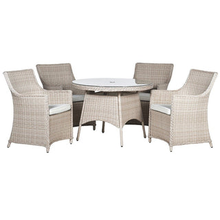 Lisbon outdoor dining set in pale greige PE rattan with round glass-topped table, parasol hole and four high-backed wing-style dining chairs with off-white cushions