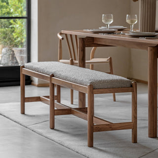 CharlesTed Home Modern Acacia Wood Bench with Grey Bouclé Upholstered Seat – Minimalist Dining or Entryway Seating - CharlesTed Home