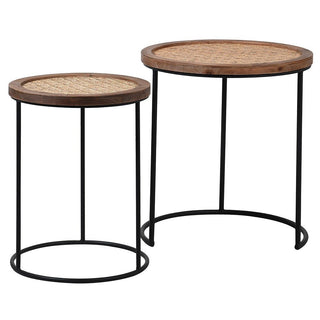 CharlesTed Home Rustic Rattan Nesting Side Tables – Set of 2 | Fir Wood & Black Metal Accent Tables - CharlesTed Home